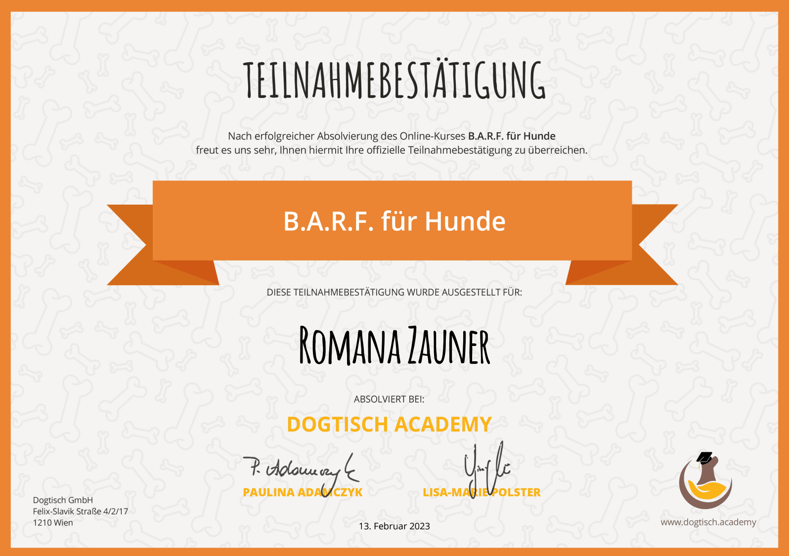 Zertifikat – Romana Zauner, geprüfte B.A.R.F.-Beraterin für Hunde, Dogtisch Academy