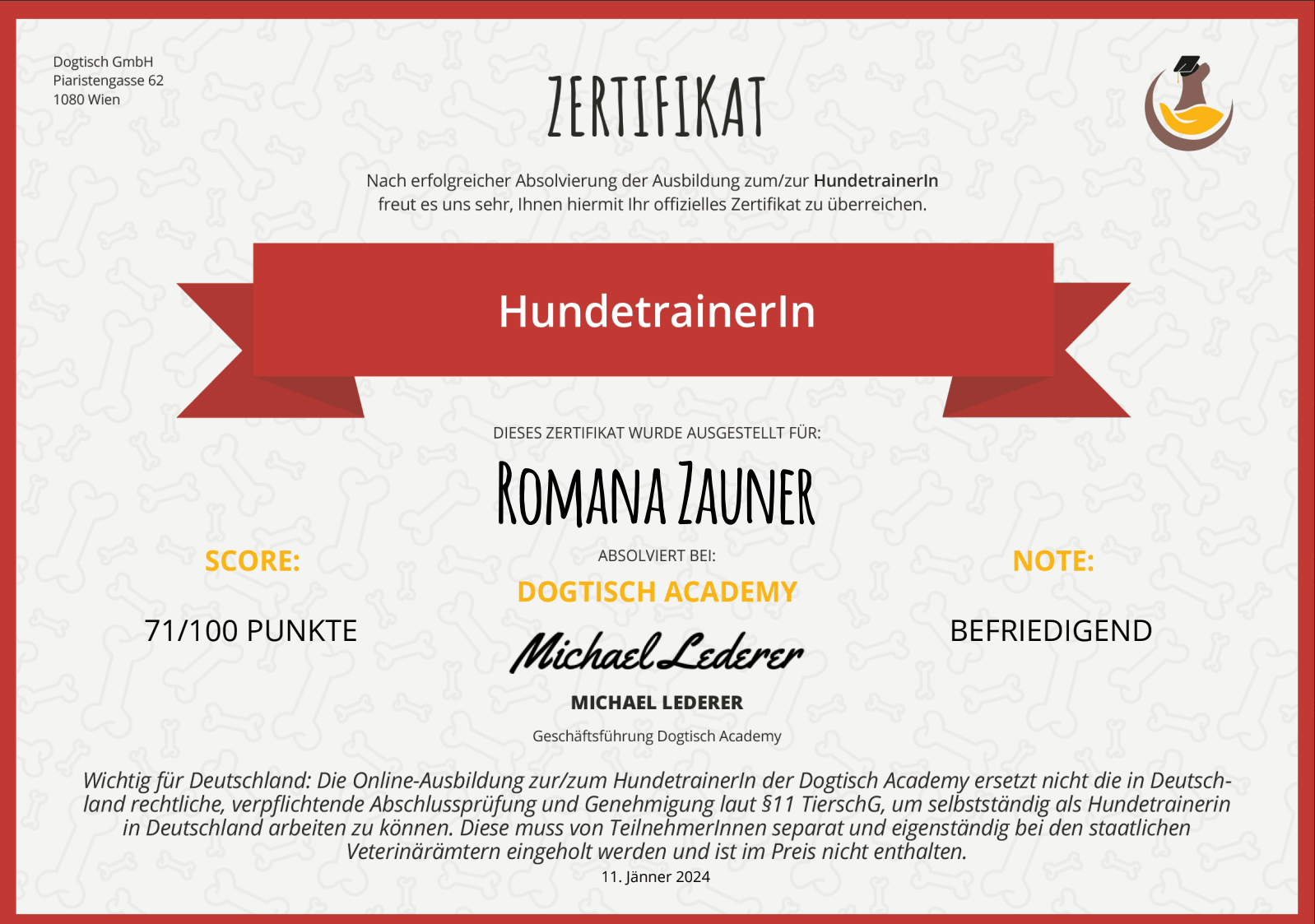 Zertifikat Hundetrainerin Romana Zauner – Abschluss bei Dogtisch Academy mit 71 von 100 Punkten
